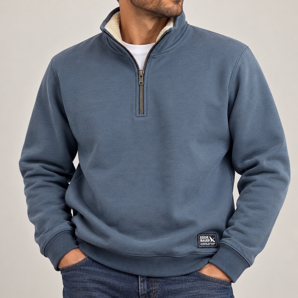 Eddie Bauer Mens Sherpa Lined Quarter Zip Fleece Sweatshirt Slate Blue Large